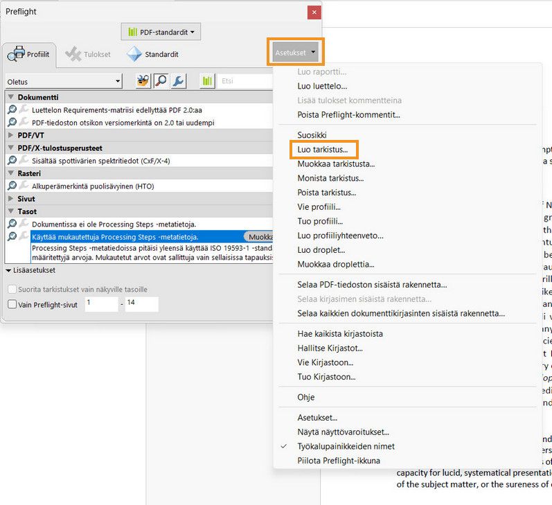 Preflight-valintaikkuna tulee näyttöön, ja Valitse Luo tarkistus -vaihtoehto on korostettu