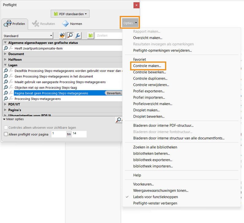Het dialoogvenster Preflight wordt weergegeven en de optie Selectie voor controle maken is gemarkeerd