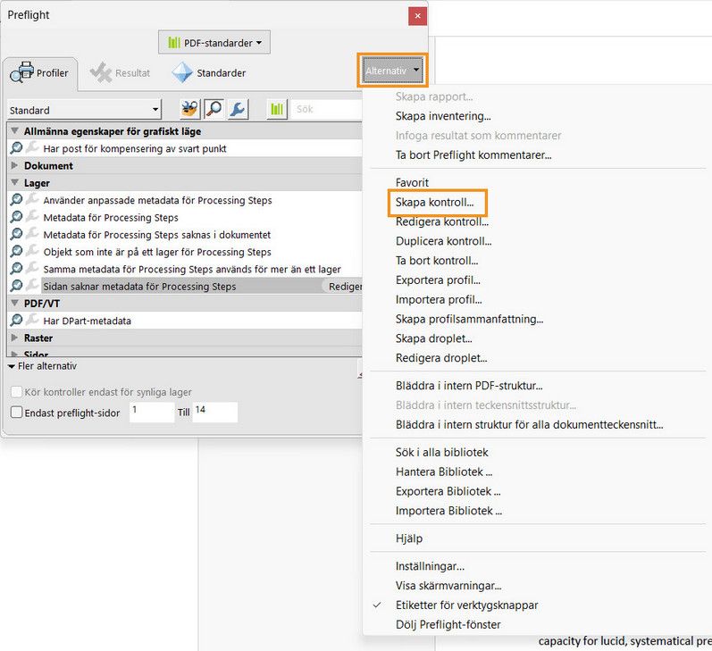Dialogrutan Preflight visas och markeringsalternativet Skapa kontroll markeras.