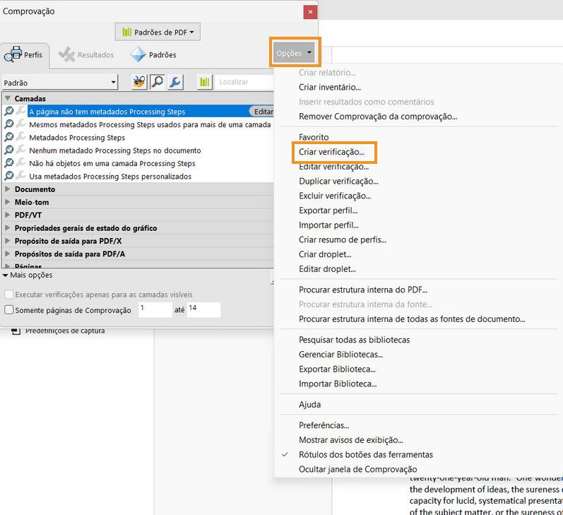 A caixa de diálogo Comprovação é exibida e a opção Selecionar Criar verificação é realçada