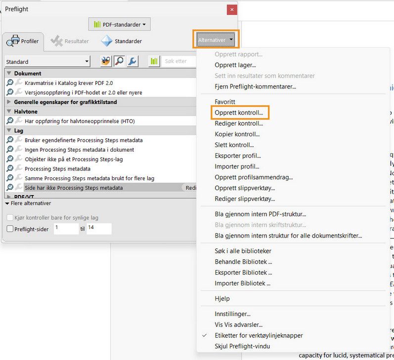 Dialogboksen med Preflight vises, og alternativet Velg Opprett kontroll er uthevet