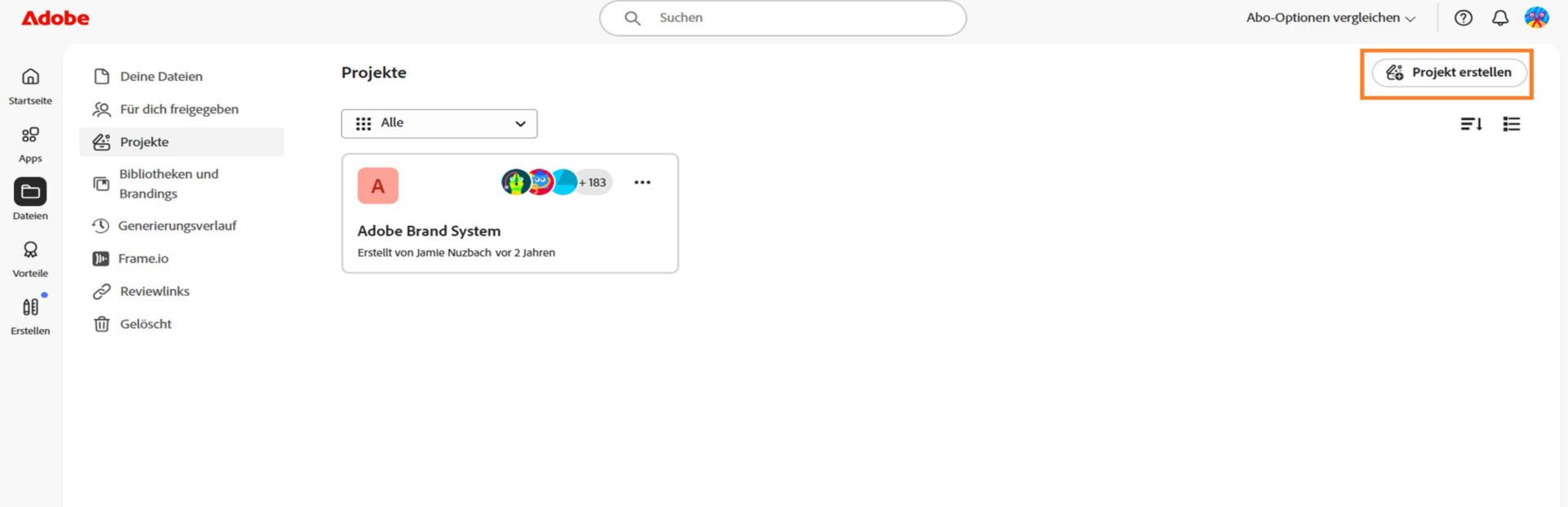 Über die Schaltfläche „Projekt erstellen“ in der oberen rechten Ecke des Tabs „Projekte“ kannst du ein neues Projekt anlegen.