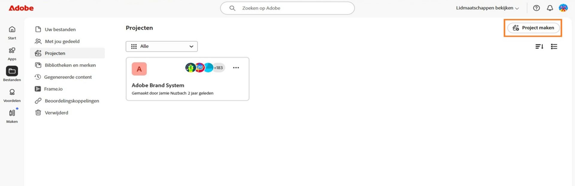 De button Project maken, beschikbaar in de rechterbovenhoek van het tabblad Projecten, stelt je in staat om een nieuw Project te maken. 