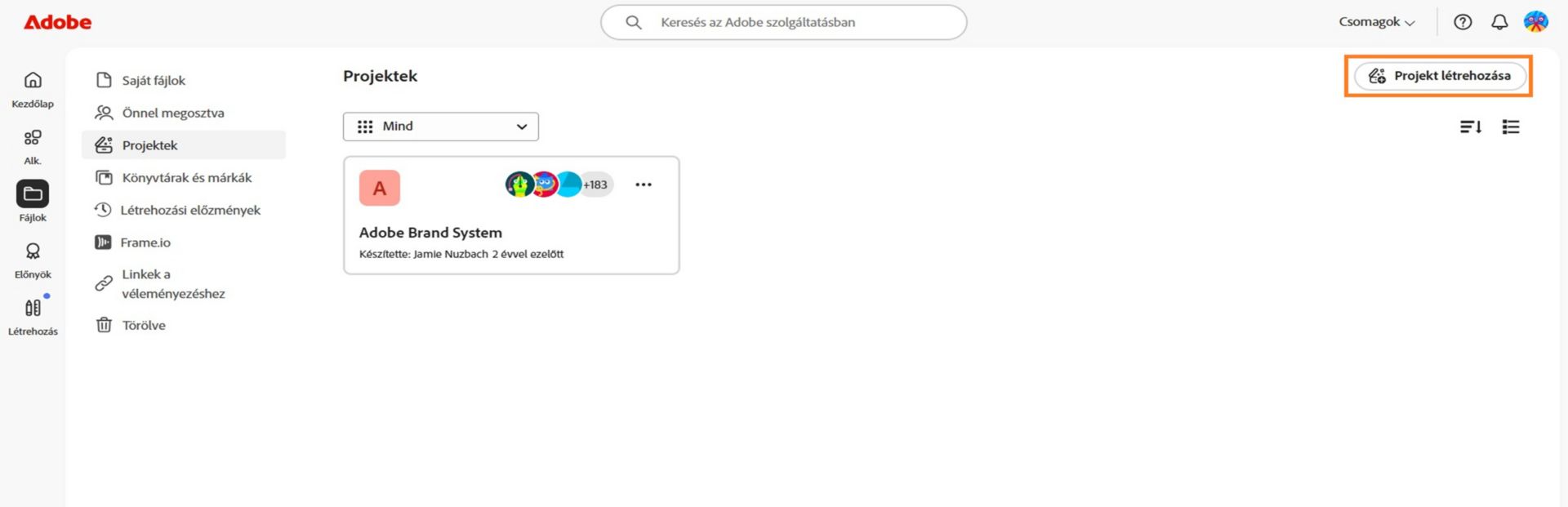 A Projektek lapon a jobb felső sarokban elérhető Projekt létrehozása gomb lehetővé teszi új projekt létrehozását. 