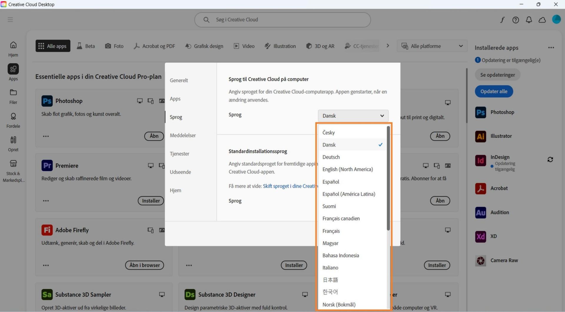 Fanen Sprog i vinduet Indstillinger viser muligheder for at vælge sproget for Creative Cloud-computerappen og standardsproget for installationen.