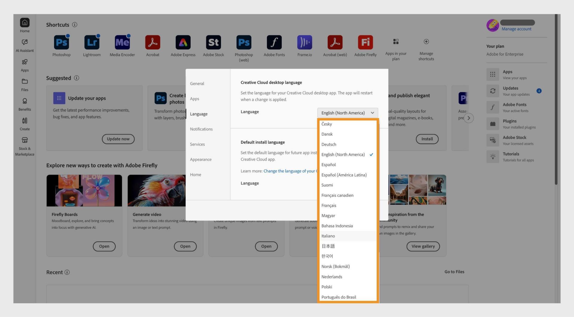 Zavihek Language (Jezik) v oknu Preferences (Nastavitve) prikazuje možnosti za izbiro jezika v namiznem programu Creative Cloud in privzetega jezika za namestitev.