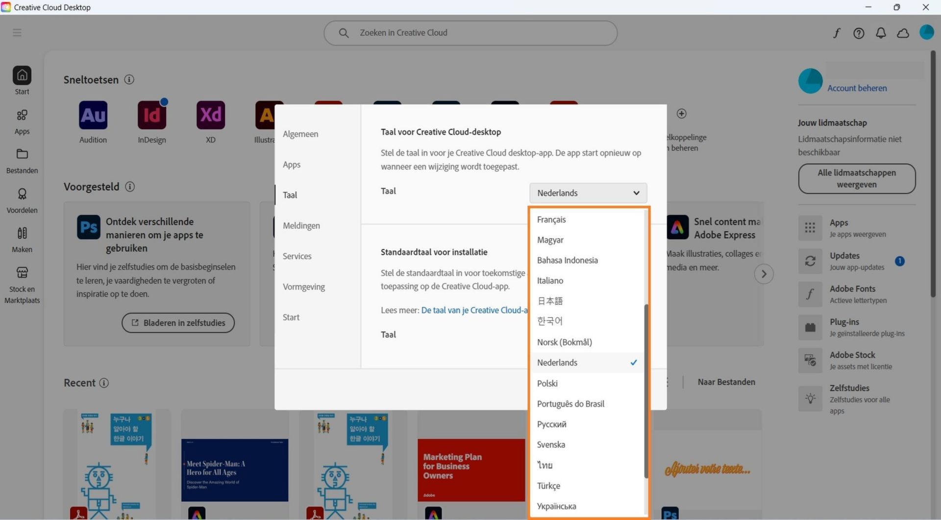 Op het tabblad Taal van het venster Voorkeuren vind je opties waarmee je de taal voor de Creative Cloud desktop-app en de standaardinstallatietaal kunt selecteren.
