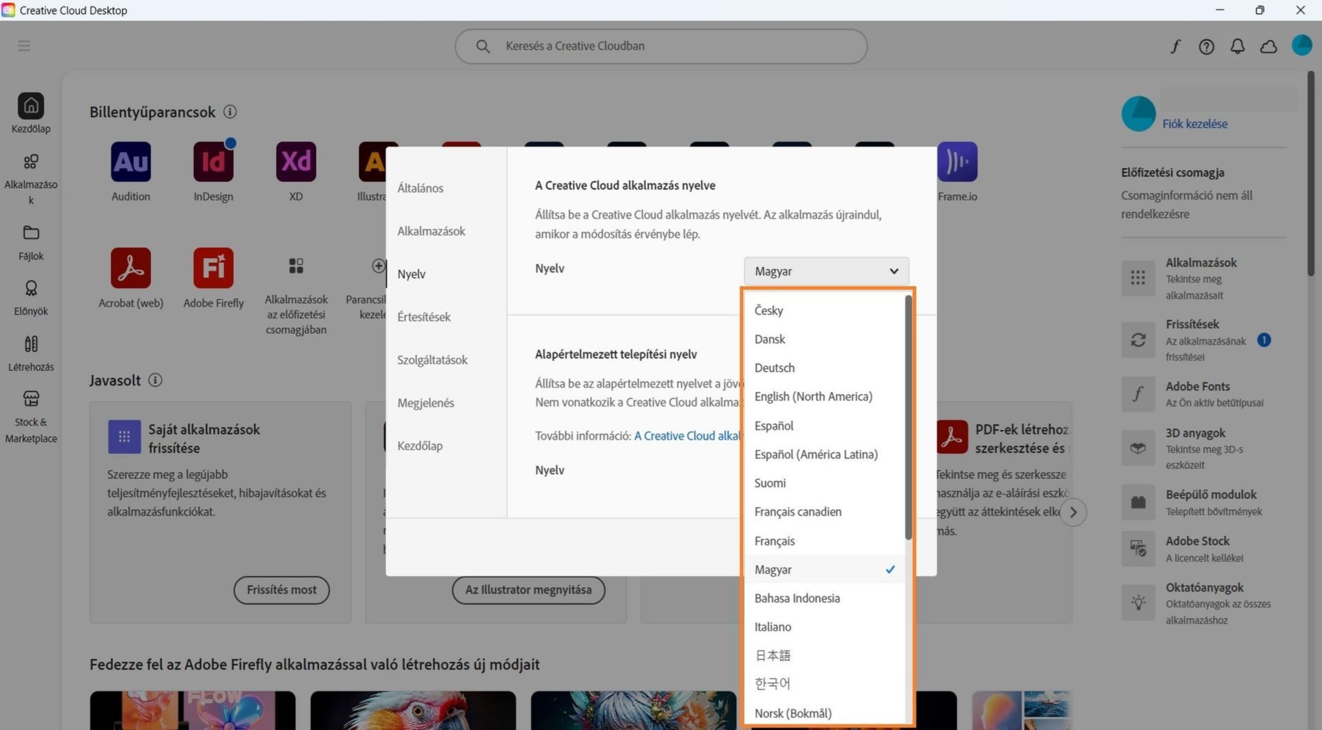 A Beállítások ablak Nyelv lapja lehetőségeket kínál a Creative Cloud asztali alkalmazás nyelvének és az alapértelmezett telepítési nyelvnek a kiválasztásához.