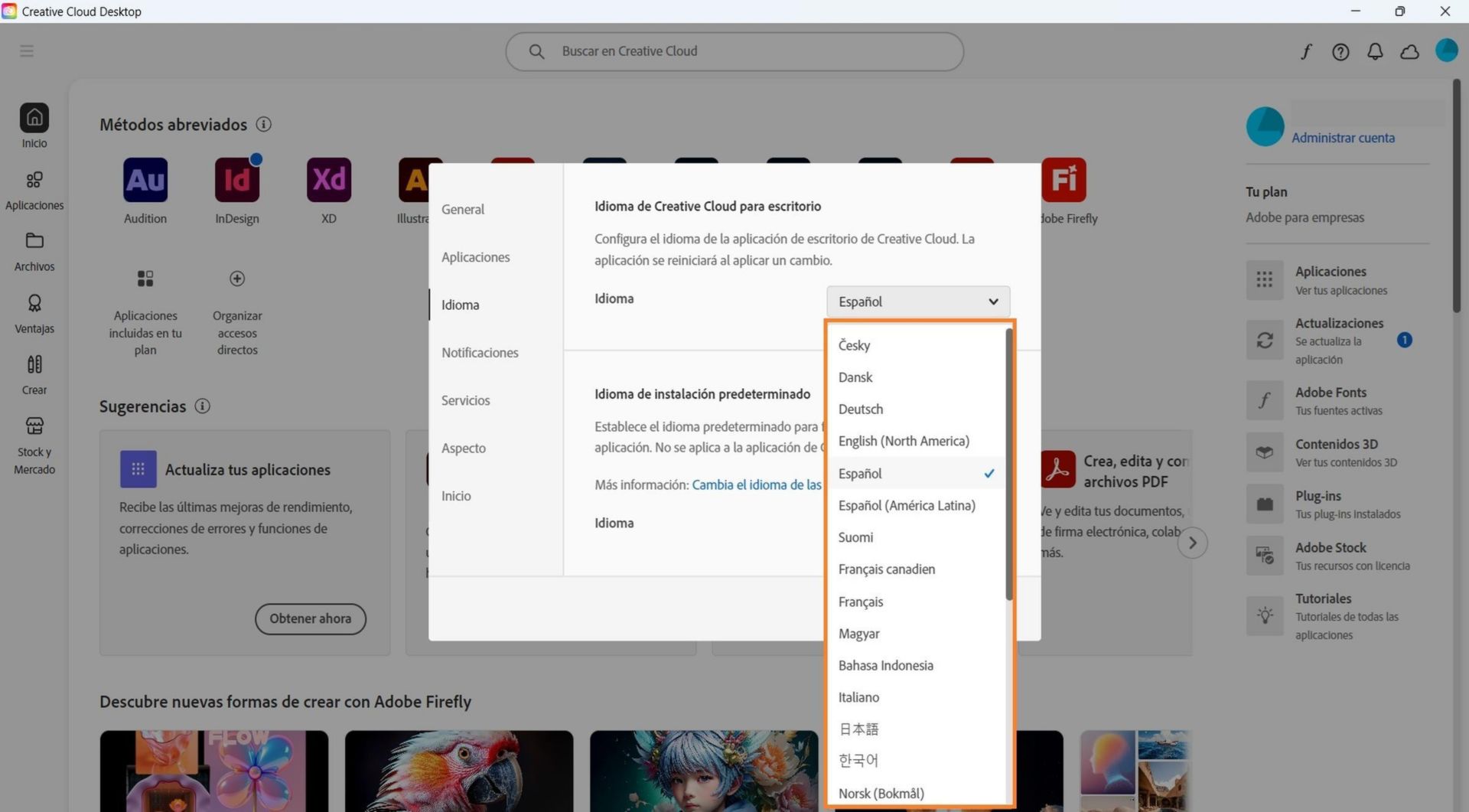La pestaña Idioma, en la ventana Preferencias, muestra las opciones para seleccionar el idioma de Creative Cloud para escritorio y el idioma de instalación predeterminado.