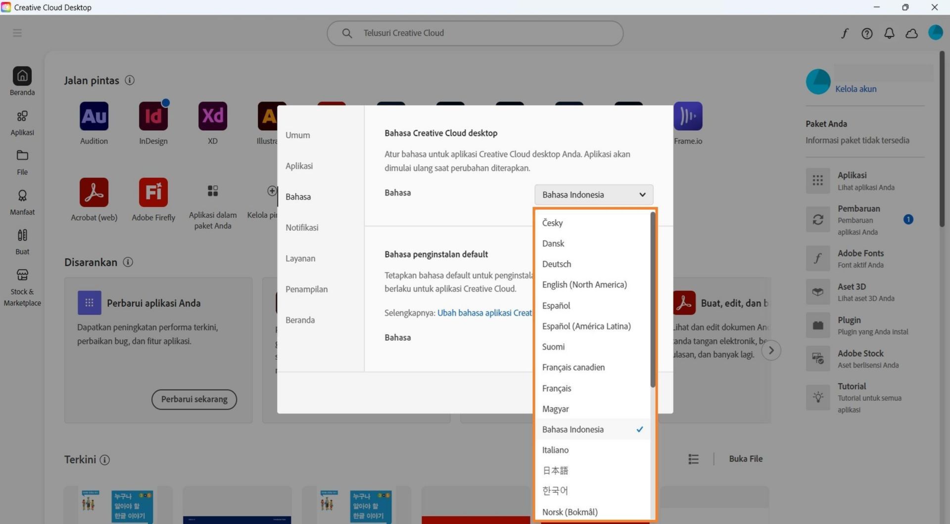 Tab Bahasa pada jendela Preferensi memperlihatkan opsi untuk memilih bahasa desktop Creative Cloud dan bahasa penginstalan default.