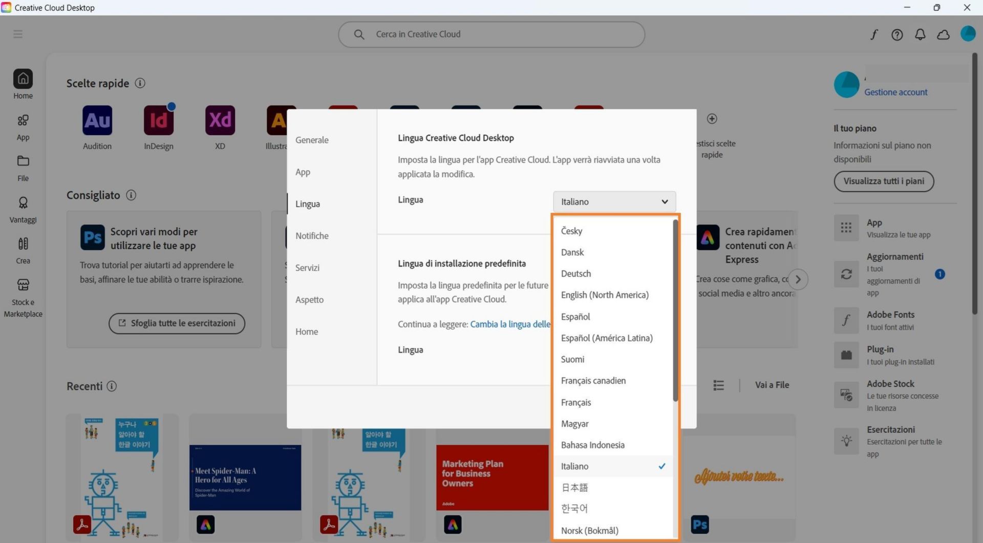 La scheda Lingua della finestra Preferenze mostra le opzioni per selezionare la lingua Creative Cloud desktop e la lingua di installazione predefinita.
