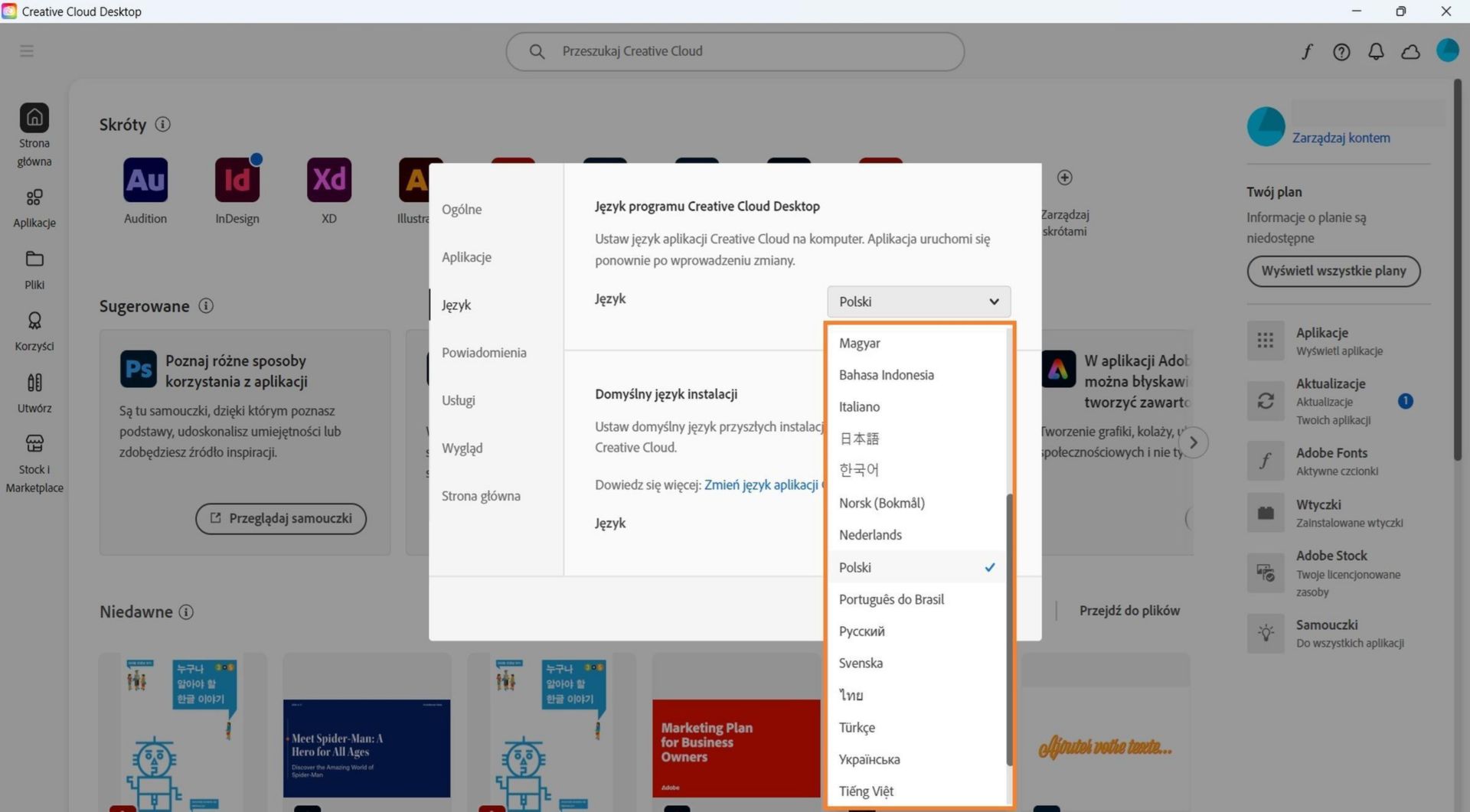 Karta Język dostępna w oknie Preferencje zawiera opcje wyboru języka aplikacji Creative Cloud Desktop oraz domyślnego języka instalacji.