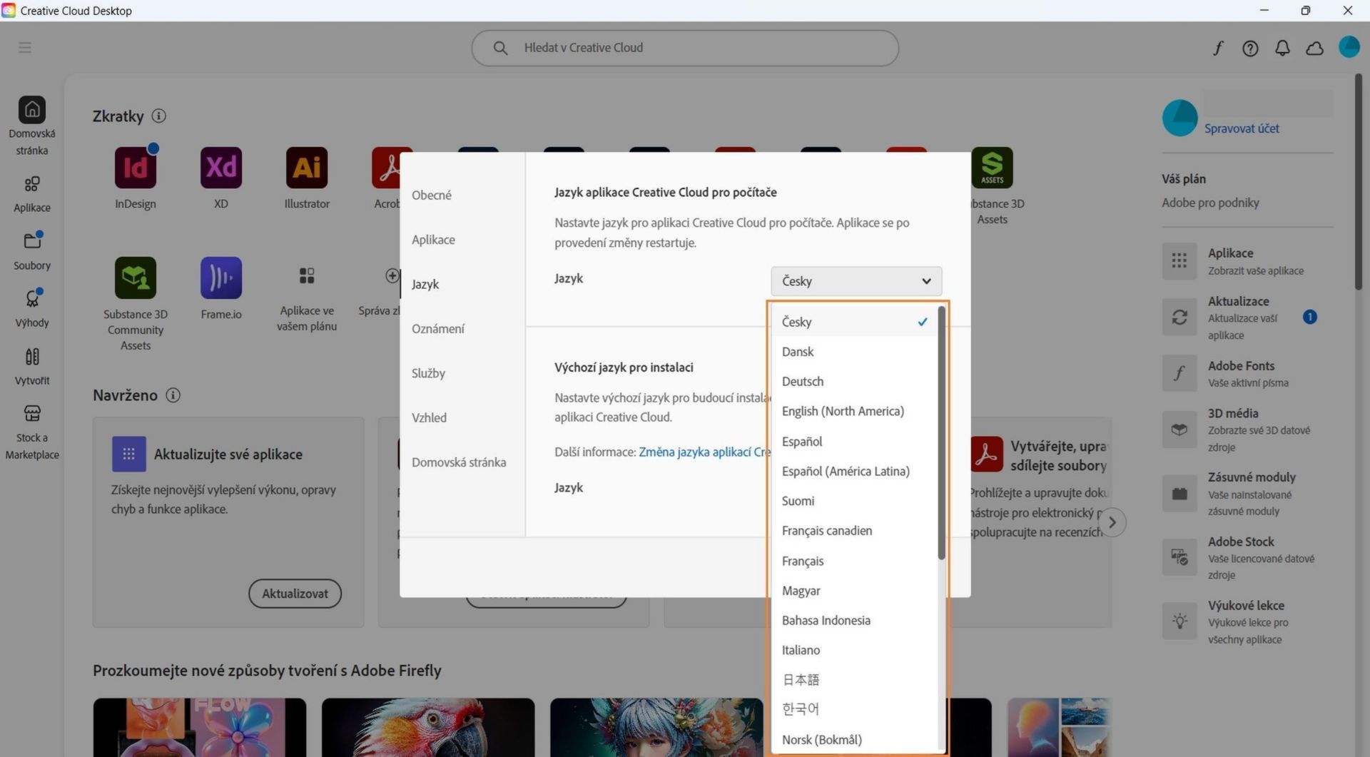 Karta Jazyk v okně Předvolby obsahuje možnosti pro volbu jazyka aplikace Creative Cloud pro počítače a výchozího jazyka pro instalaci.