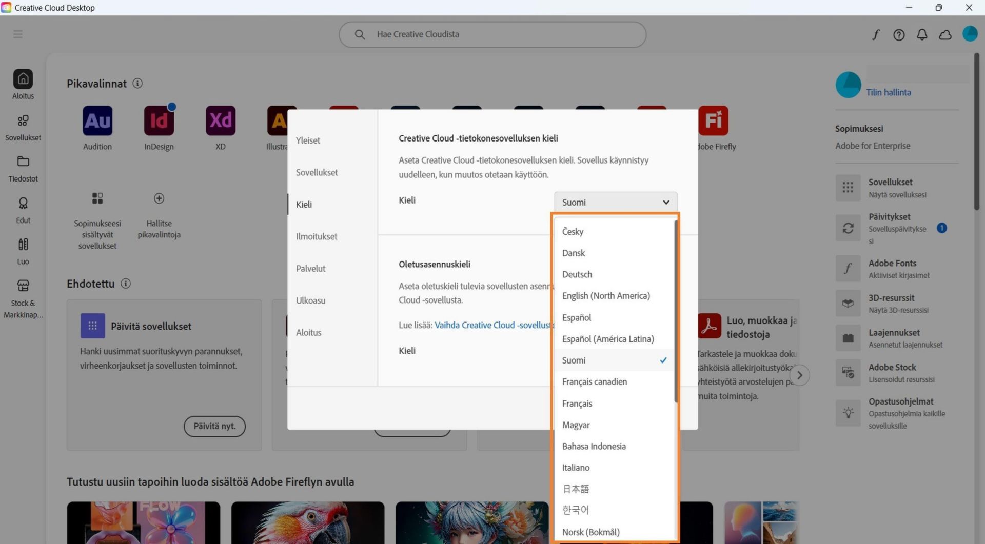 Oletusarvot-ikkunan Kieli-välilehdessä näkyvät Creative Cloud -tietokonesovelluksen kielen ja oletusasennuskielen valitsemiseen liittyvät vaihtoehdot.