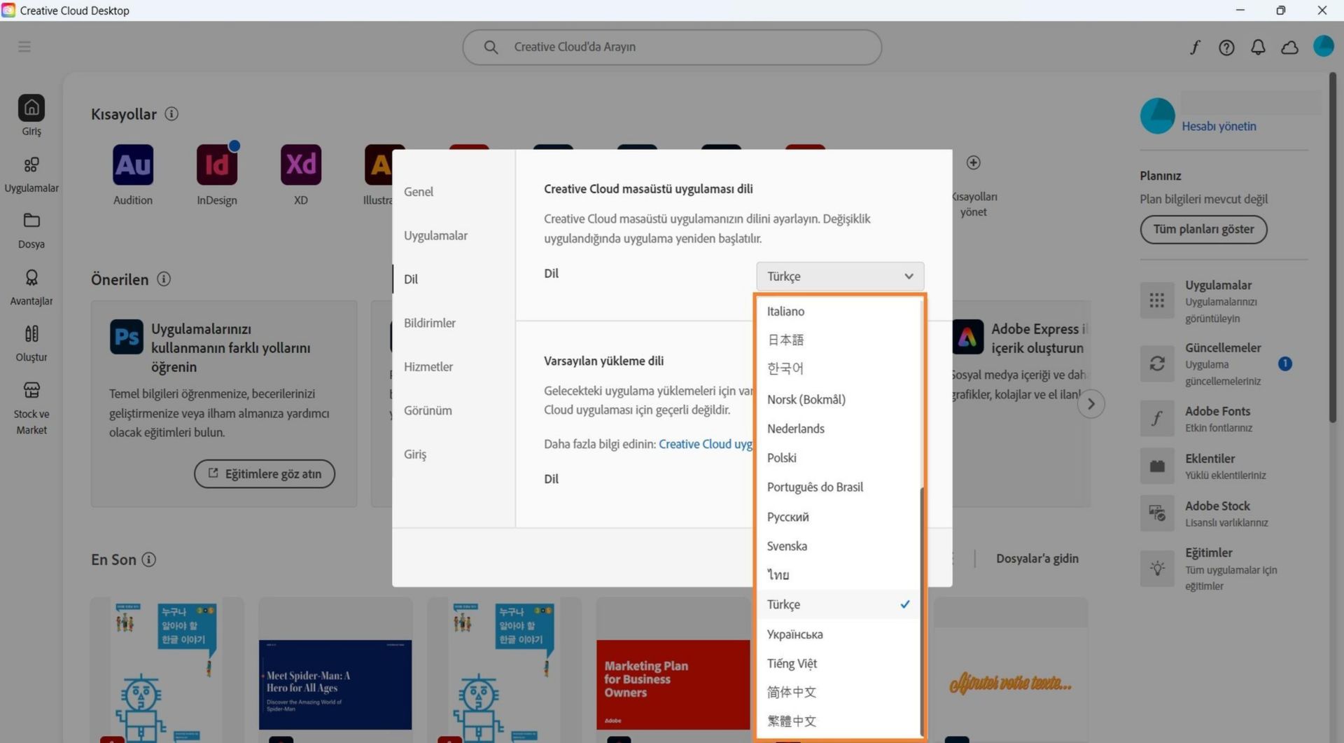 Tercihler penceresinin Dil sekmesinde, Creative Cloud masaüstü dilini ve varsayılan yükleme dilini belirleme seçenekleri gösterilir.