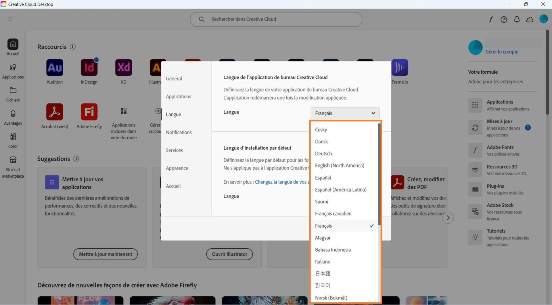 L’onglet Langue de la fenêtre Préférences affiche les options permettant de sélectionner la langue de l’application Creative Cloud et la langue d’installation par défaut.
