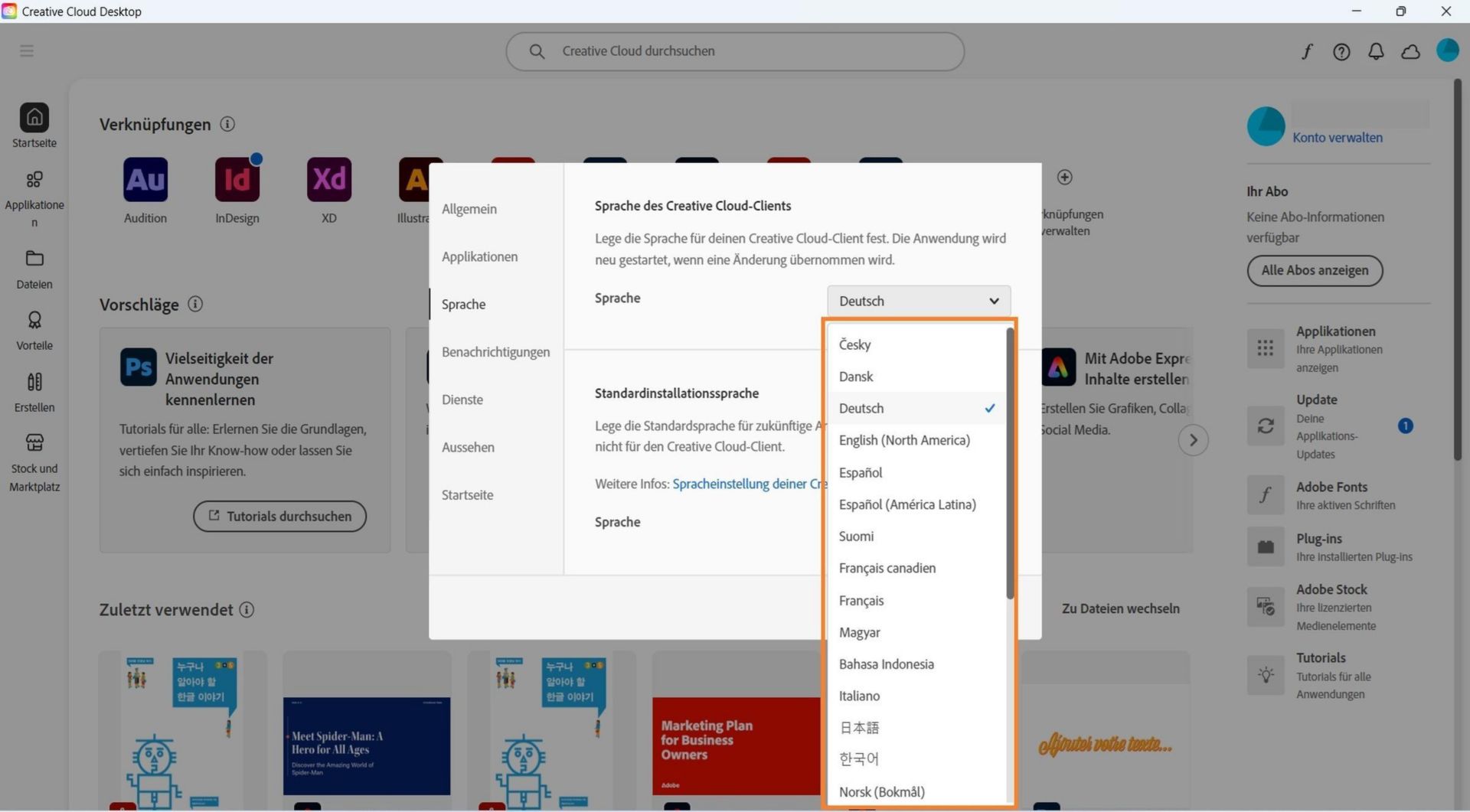 Auf der Registerkarte „Sprache“ im Fenster „Voreinstellungen“ kannst du die Sprache für den Creative Cloud-Client sowie die Standardsprache für die Installation auswählen.