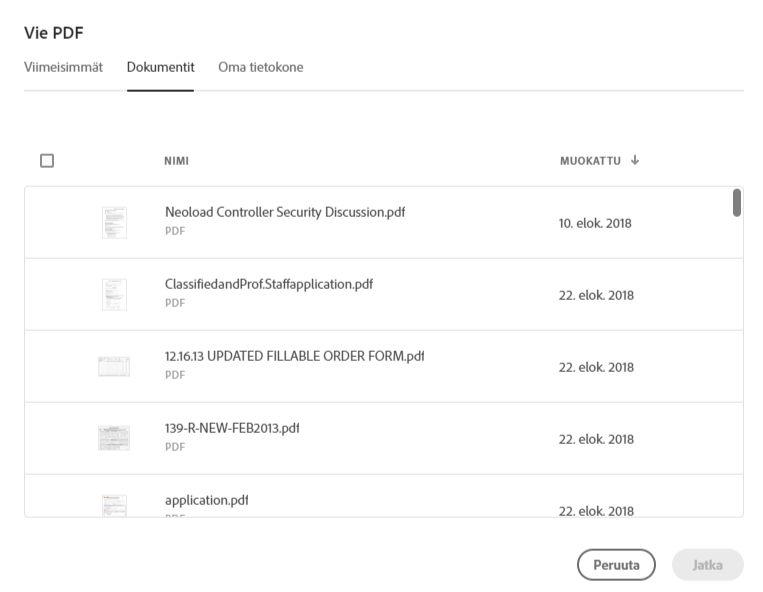 Valitse tiedosto Äskeiset- tai Dokumentit-luettelosta
