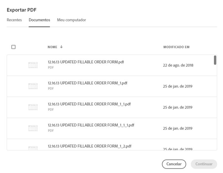 Selecione um arquivo na lista Recentes ou Documentos