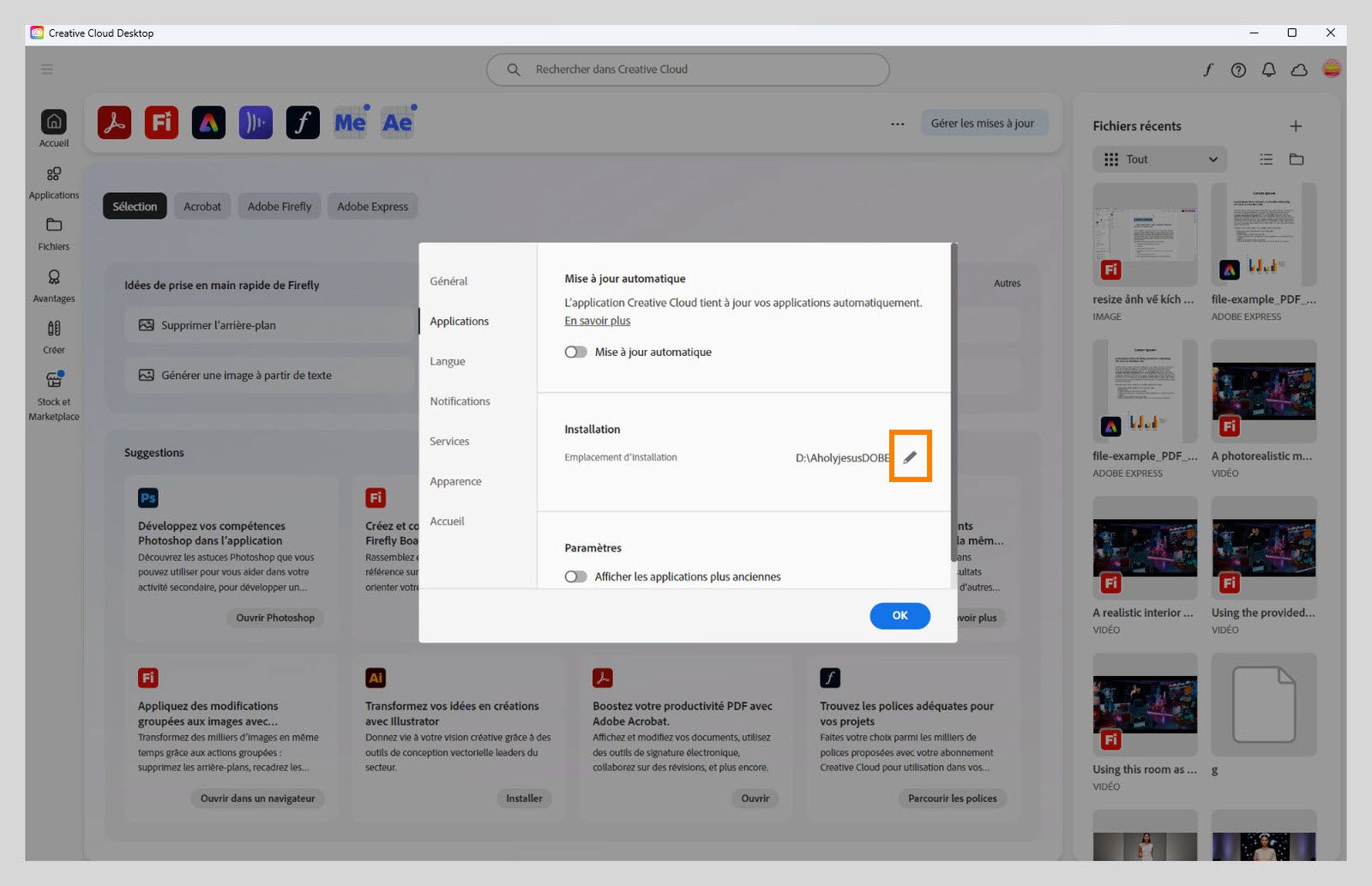 Panneau des préférences d'Adobe Creative Cloud ouvert sur l'onglet « Applis », mettant en évidence la section « Installation » où les utilisateurs peuvent définir l'emplacement d'installation par défaut.