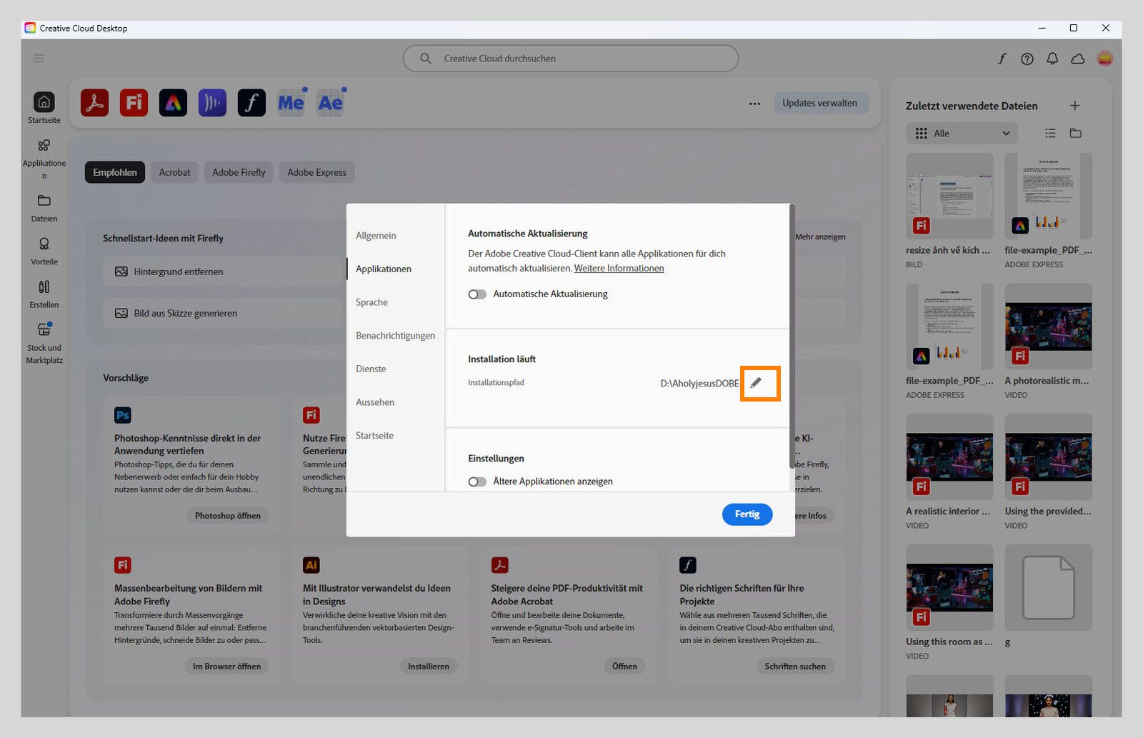 Das Einstellungsfenster von Adobe Creative Cloud öffnet sich auf der Registerkarte „Apps“ und hebt den Abschnitt „Installieren“ hervor, in dem der Benutzer den Standardinstallationsort festlegen kann.