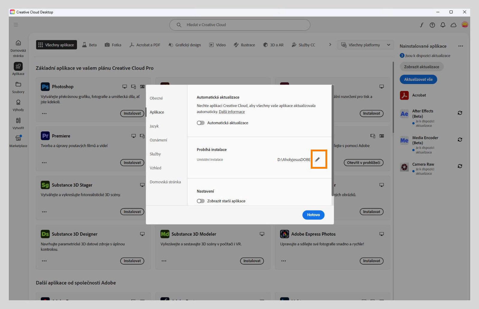 Panel předvoleb Adobe Creative Cloud otevřený na kartě Aplikace, zvýrazňující sekci Instalace, kde uživatelé mohou nastavit výchozí umístění instalace.