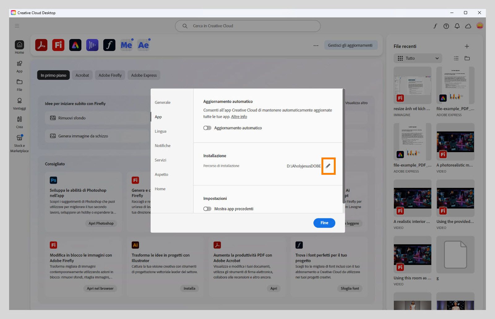 Pannello delle preferenze di Adobe Creative Cloud aperto nella scheda “Applicazioni”, che evidenzia la sezione “Installazione” dove gli utenti possono impostare la posizione di installazione predefinita.