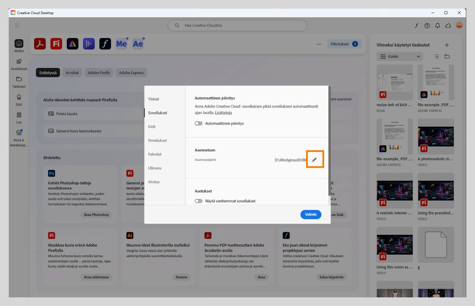 Adobe Creative Cloud -asetusten paneeli auki ”Sovellukset”-välilehdellä, jossa on korostettuna ”Asennetaan”-osio, jossa käyttäjät voivat asettaa oletusasennussijainnin.