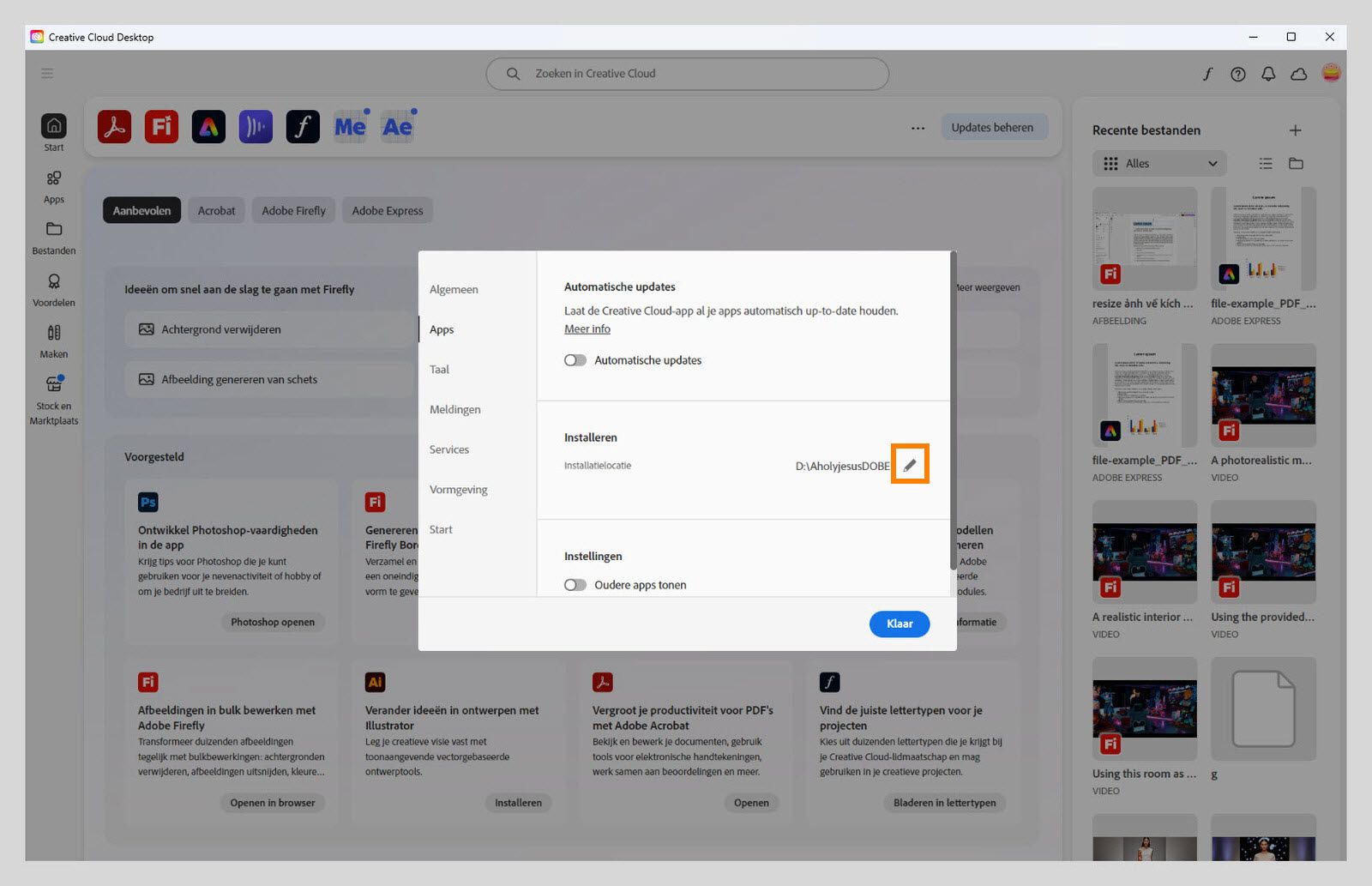 Het deelvenster Voorkeuren van Adobe Creative Cloud is geopend op het tabblad Apps met de sectie Installeren gemarkeerd, waar gebruikers de standaard installatielocatie kunnen instellen.