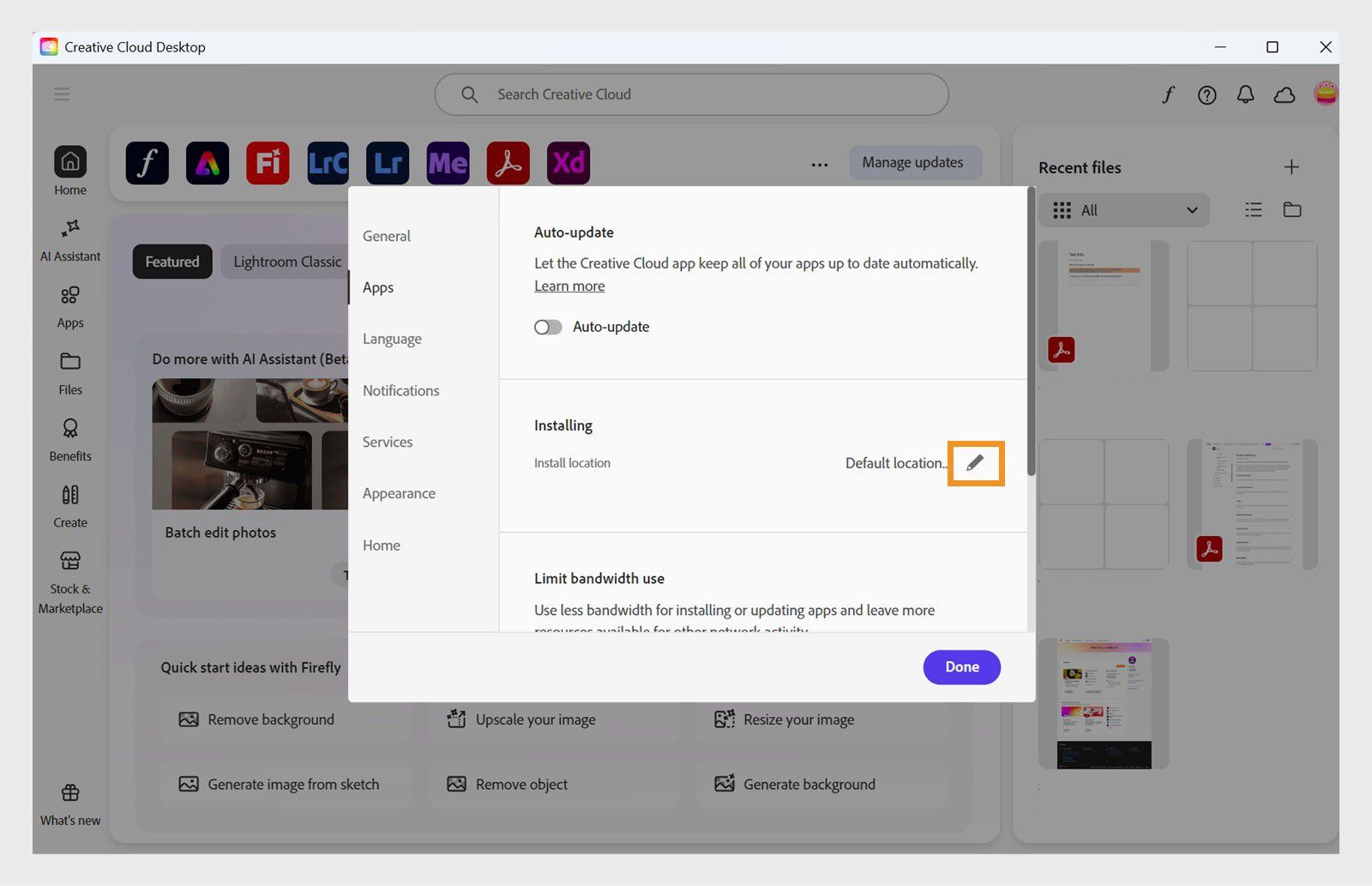 Adobe Creative Cloud preferences panel open on the “Apps” tab, highlighting the “Installing” section where users can set the default install location.
