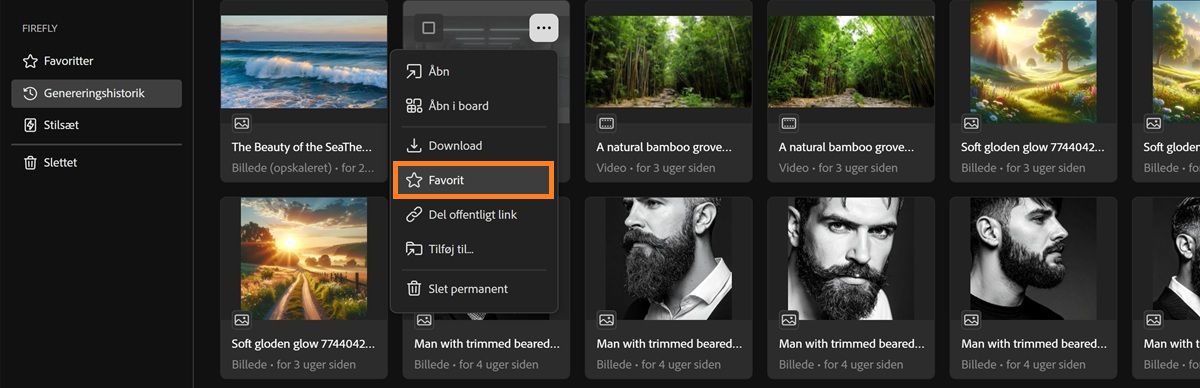 Fanen Genereringshistorik viser en fils kontekstmenu med fremhævning over indstillingen Foretrukken.