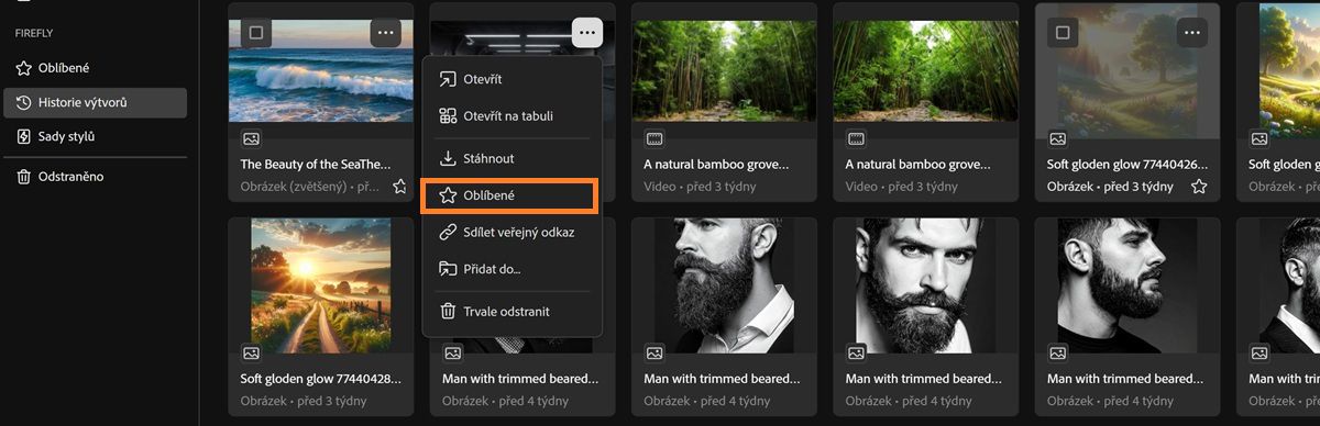 Karta Historie výtvorů zobrazuje kontextovou nabídku souboru se zvýrazněnou možností Oblíbené.