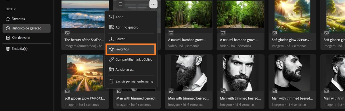 A guia Histórico de geração exibe o menu de contexto de um arquivo com a opção Favoritos destacada.