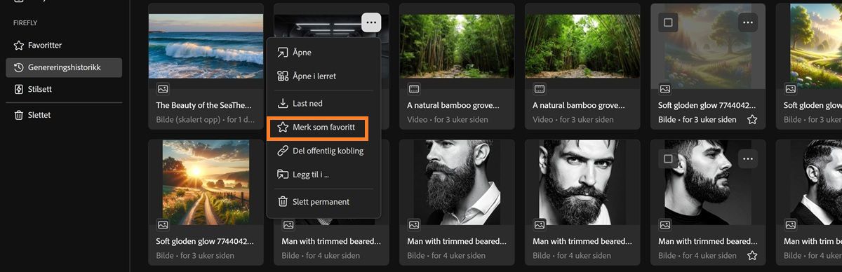 Genereringshistorikk-fanen viser kontekstmenyen for en fil med Legg til som favoritt-alternativet uthevet.