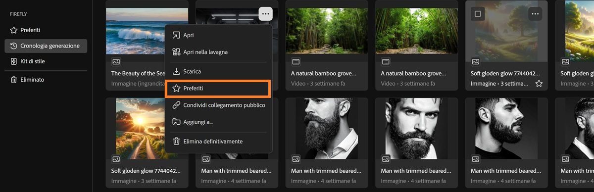 La scheda Cronologia generazione mostra il menu contestuale di un file con evidenziata l'opzione Preferiti.