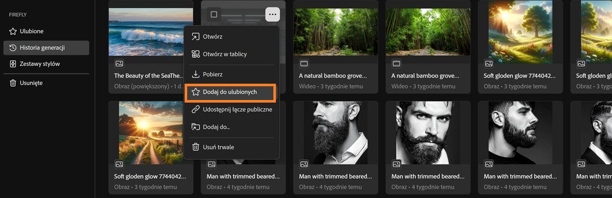 Karta Historia generacji wyświetla menu kontekstowe pliku z podświetloną opcją Ulubione.