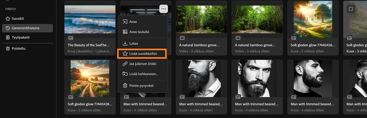 Generointihistoria-välilehti näyttää tiedoston kontekstivalikon, jossa Suosikki-vaihtoehto on korostettu.