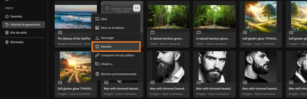 La pestaña Historial de generaciones muestra el menú contextual de un archivo con un resaltado sobre la opción Favorito.