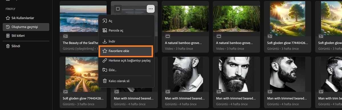 Oluşturma geçmişi sekmesi, Sık kullanılanlara ekle seçeneği vurgulanmış olarak dosyanın bağlam menüsünü görüntüler.