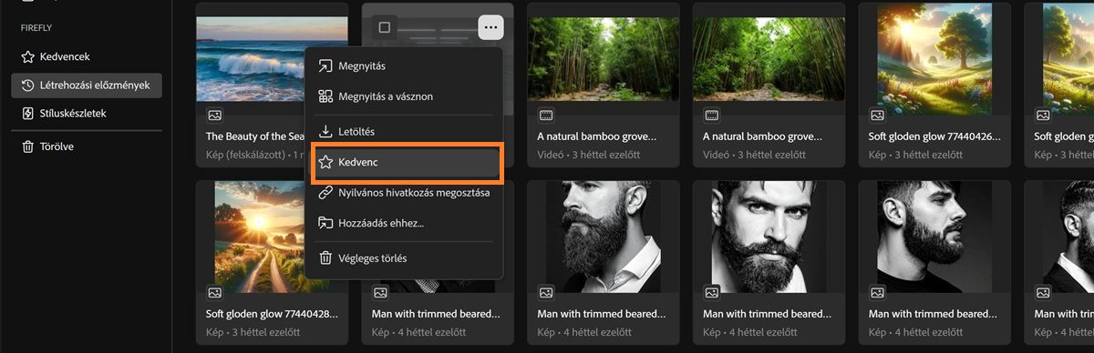 A Létrehozási előzmények fül megjeleníti a fájl helyi menüjét, kiemelve a Kedvencek opciót.