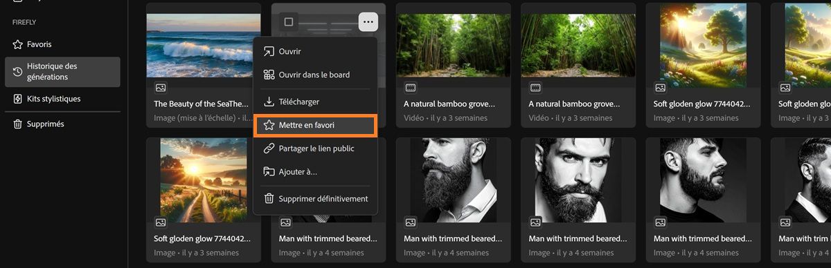 L’onglet Historique des générations affiche le menu contextuel d’un fichier avec l’option Favori mise en surbrillance.