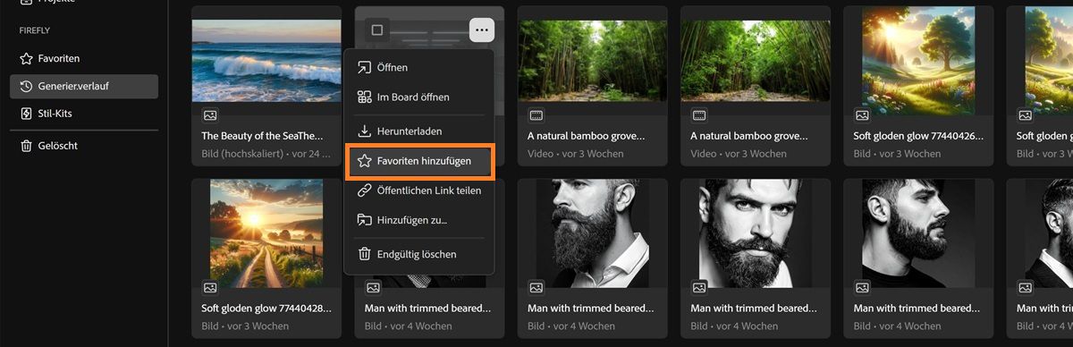 Die Registerkarte „Generierungsverlauf“ zeigt das Kontextmenü einer Datei mit hervorgehobener Favoriten-Option an.