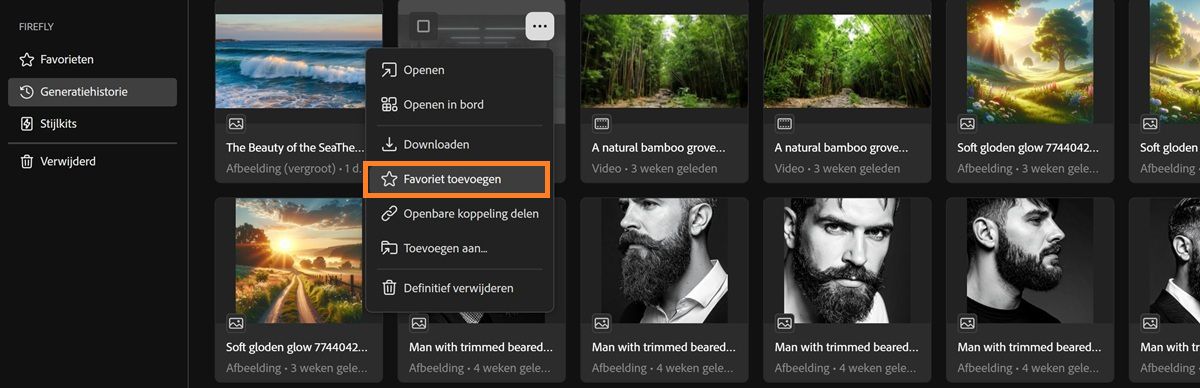 Het tabblad Generatiehistorie toont een contextmenu van een bestand met een markering over de Favoriet-optie.