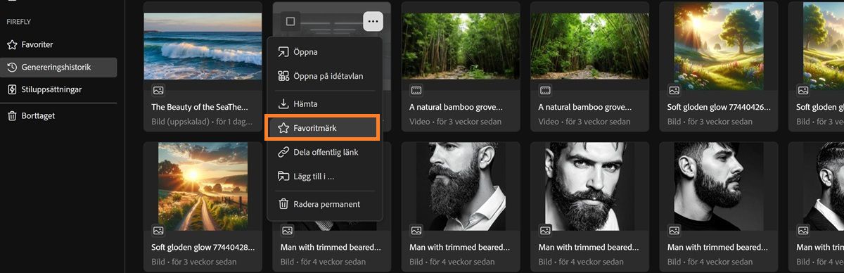 Fliken Genereringshistorik visar en fils snabbmeny med markering över alternativet Favorit.