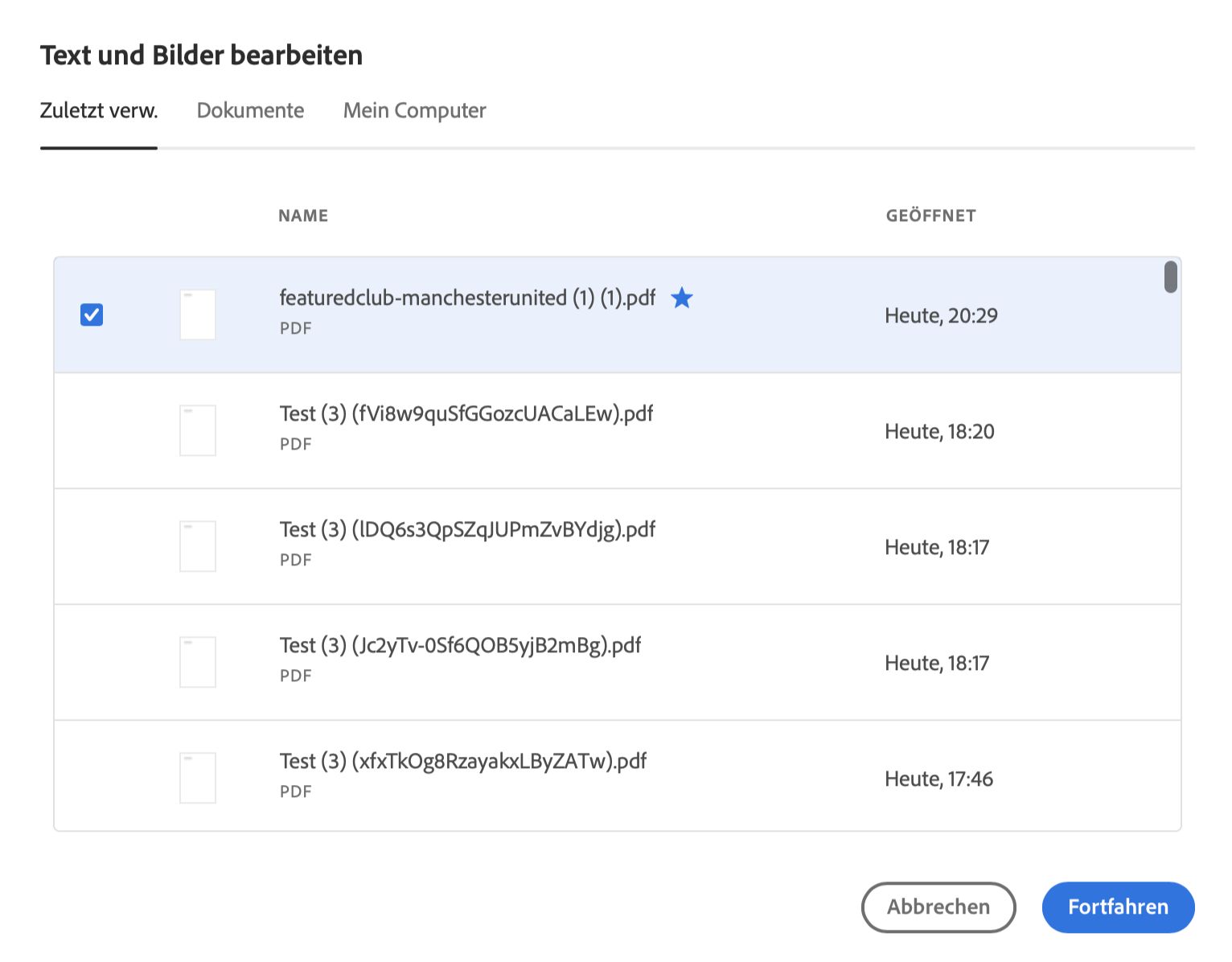 Datei aus den Listen „Zuletzt verwendet“ oder „Dokumente“ auswählen
