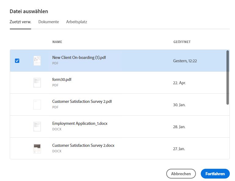 Datei aus den Listen „Zuletzt verwendet“ oder „Dokumente“ auswählen