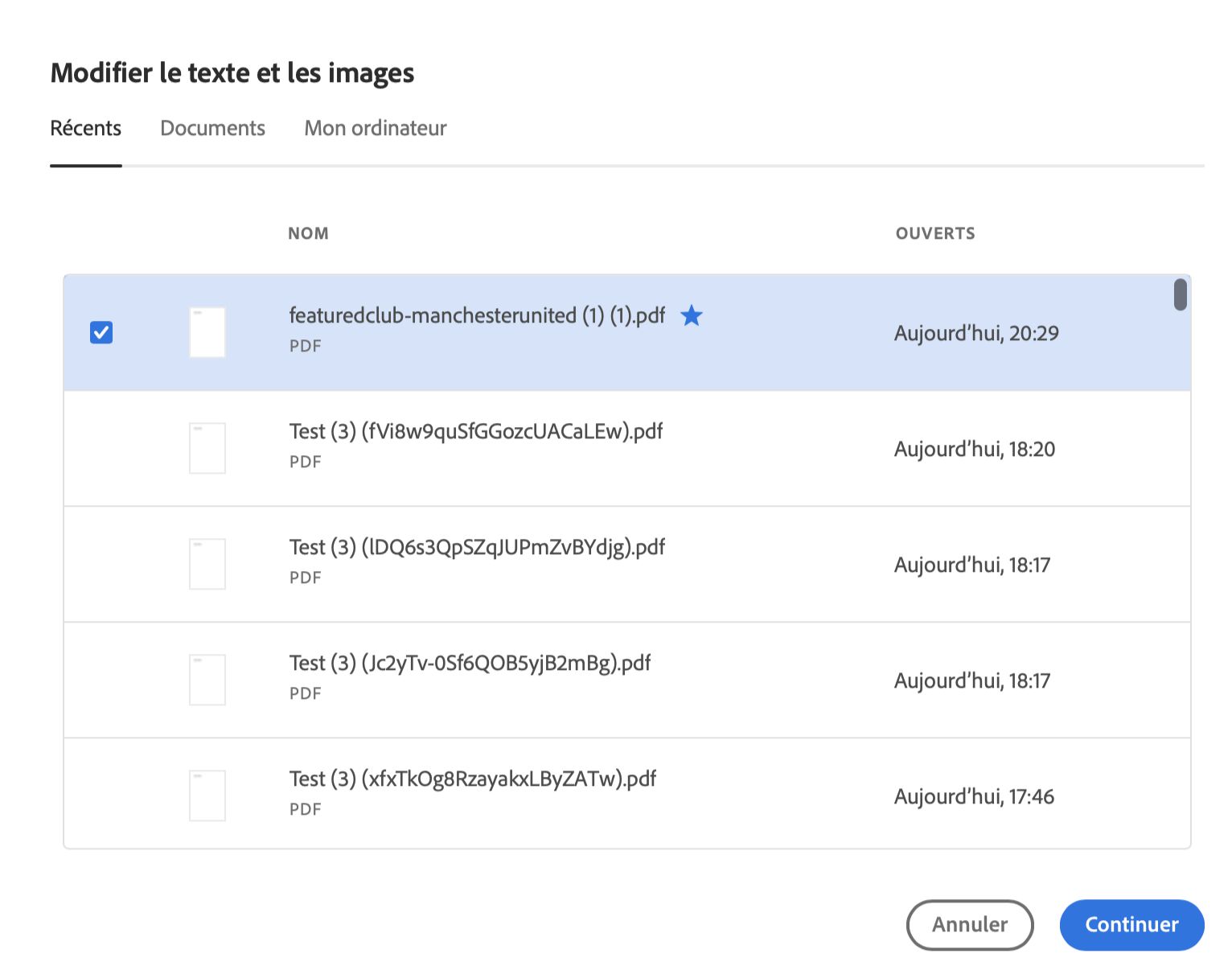 Sélectionner un fichier dans la liste Récents ou Documents
