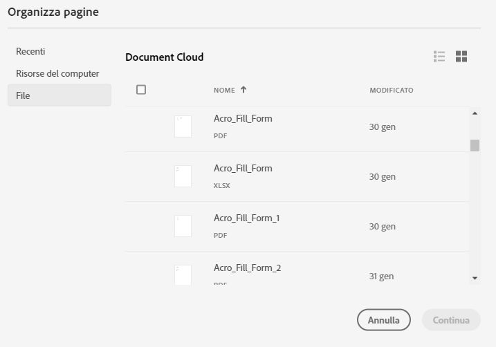 Selezionare un file dall’elenco Recenti o Documenti