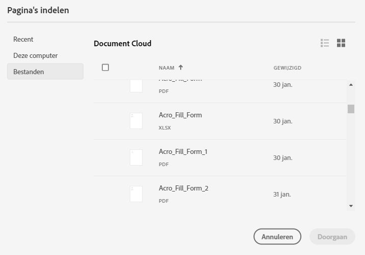 Een bestand kiezen in de lijst Recent of Documenten