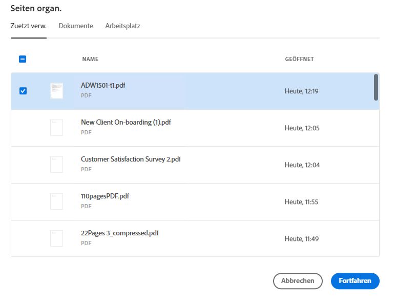 Datei aus den Listen „Zuletzt verwendet“ oder „Dokumente“ auswählen